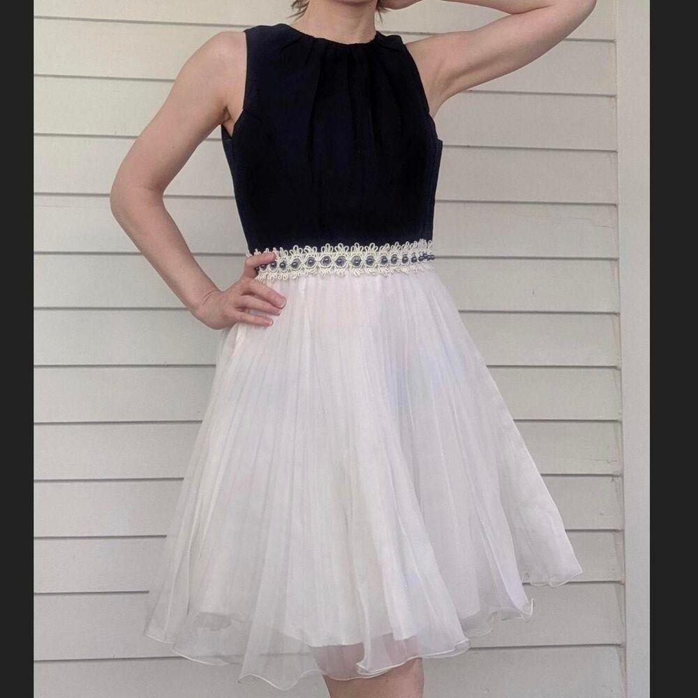 Vintage 60s Mini Party Dress Navy White Sleeveless XS